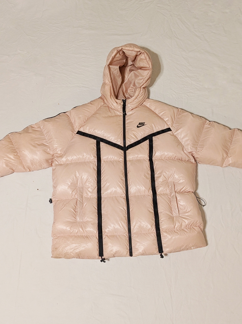 Nike Women's Goose Down Pale Pink Hooded Puffer Jacket with Black Trim